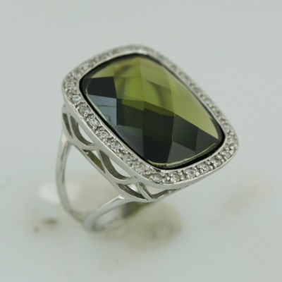 Sterling Silver Ring 24.5X17.5 mm Olivine Rectangular Chess Cut Dome