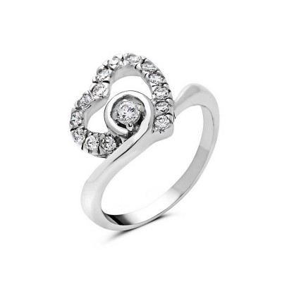 Sterling Silver Ring Pave Cubic Zirconia Heart with 3mm Round Clear Cubic Zirconia Bottom