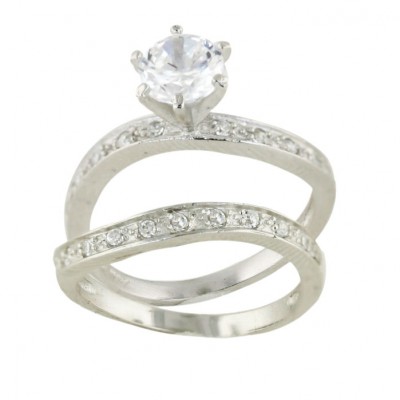 Sterling Silver Ring Engment (2 Pcs Sets) 6.5 mm Clear Cubic Zirconia Solitair