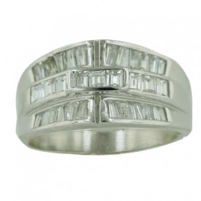 Sterling Silver Ring 3 Channel Setting Clear Cubic Zirconia Baguette Rows