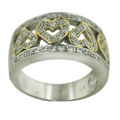 Sterling Silver Ring 2 Tone 4 Open Heart Clear Cubic Zirconia with Gold