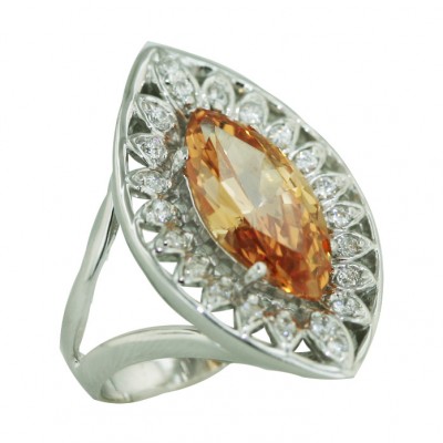 Sterling Silver Ring 16X8mm Marquis Clear Cubic Zirconia with Marquis Champagne Cubic Zirconia