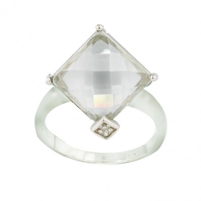 Sterling Silver Ring 11X11mm Clear Chess Cut Square with Clear Cubic Zirconia Bezel