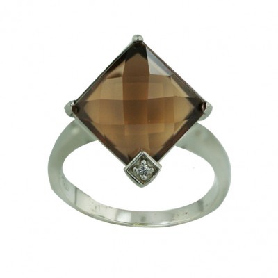 Sterling Silver Ring 11X11mm Coffee Chess Cut Square with Clear Cubic Zirconia Be