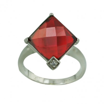 Sterling Silver Ring 11X11mm Garnet Chess Cut Square with Clear Cubic Zirconia Bezel