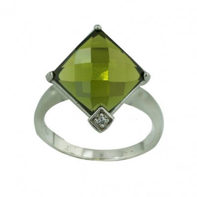 Sterling Silver Ring 11X11mm Olivine Chess Cut Square with Clear Cubic Zirconia B