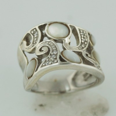 Sterling Silver Ring 5 Oval White Mother of Pearl+Clear Cubic Zirconia Swirl