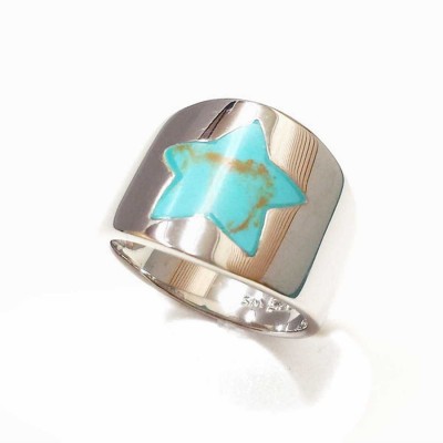 Sterling Silver Ring Plain Band with Faux Turquoise Inlay Star
