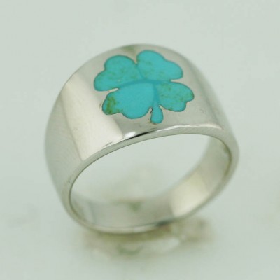 Sterling Silver Ring Plain Band with Faux Turquoise Inlay Clover Leaf