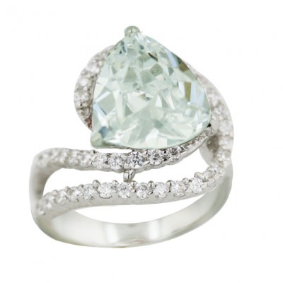 Sterling Silver Ring 12mm Trillion Clear Cubic Zirconia with Double Clear Cubic Zirconia Lines