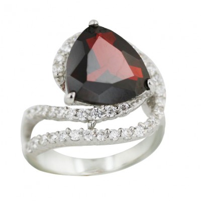 Sterling Silver Ring 12mm Trillion Garnet Cubic Zirconia with Double Clear Cubic Zirconia Lines