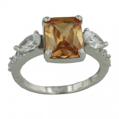 Sterling Silver Ring 10X8mm Rectangular Champagne Cubic Zirconia+6X4mm Tear Drop Clear Cubic Zirconia both