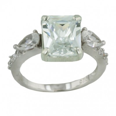 Sterling Silver Ring 10X8mm Rectangular Clear Cubic Zirconia+6X4mm Tear Drop Clear Cubic Zirconia Bot
