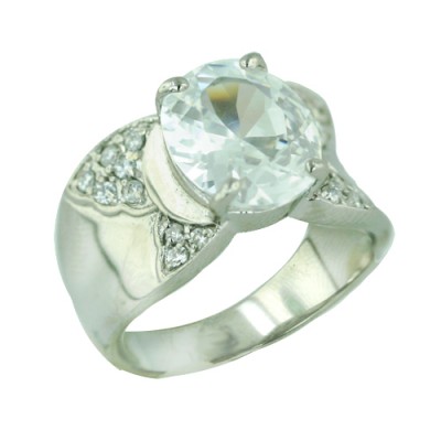 Sterling Silver Ring 12X10mm Oval Clear Cubic Zirconia+4 Sided Clear Cubic Zirconia