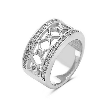 Sterling Silver Ring Clear Cubic Zirconia Bezel X Ctr with Clear Cubic Zirconia Row