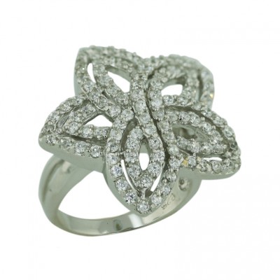 Sterling Silver Ring Double Clear Cubic Zirconia Lines Open Flower