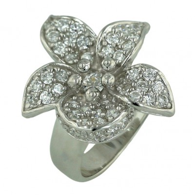 Sterling Silver Ring 5 Pave Clear Cubic Zirconia Petals Flower