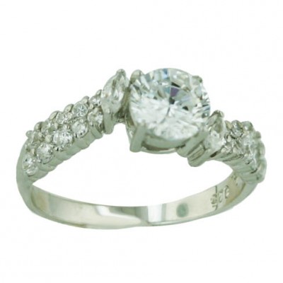 Sterling Silver Ring 7mm Round Clear Cubic Zirconia Ctr with Oppositive Marquis Clear Cubic Zirconia