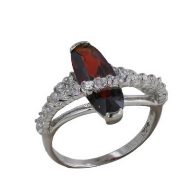 Sterling Silver Ring 16X6mm Oval Garnt Cubic Zirconia with Plain+Clear Cubic Zirconia Line