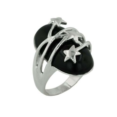 Sterling Silver Ring Oval Onyx Cabochon with Plain 3 Star Criss Cr
