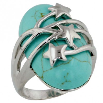 Sterling Silver Ring Oval Faux Turquoise Cabochon with Plain 3 Star Criss