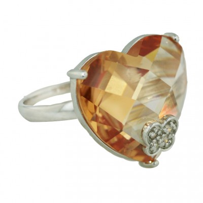 Sterling Silver Ring Champagne Cubic Zirconia (W=19.5mm) Chess Cut Heart with Clear Cubic Zirconia B
