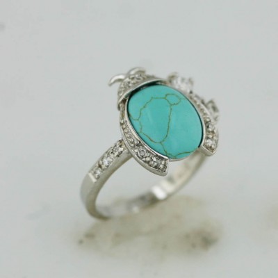Sterling Silver Ring Faux Turquoise Ladybug with Clear Cubic Zirconia Around