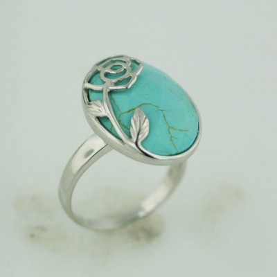 Sterling Silver Ring 16 mm Faux Turquoise Oval Chess Cut