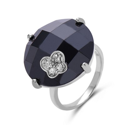 SS Ring 19Mm Round Chess Cut Black Cz W/ Clr Cz B
