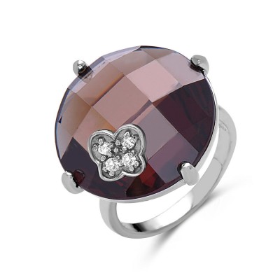 SS Ring 19Mm Round Chess Cut Coffee Cz W/ Clr Cz B