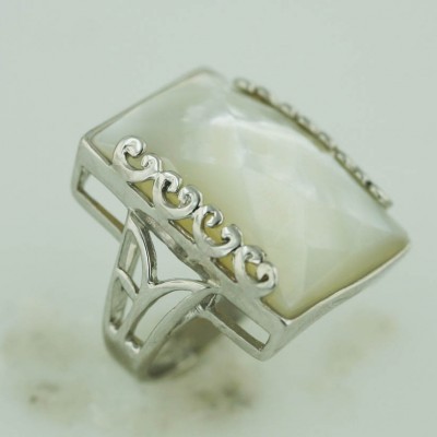 Sterling Silver Ring 24mmx17mm Rectangular White Mother of Pearl Chess Cut with Open