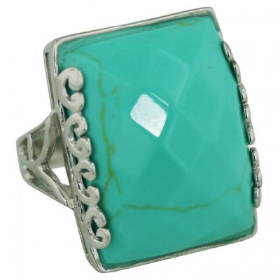 Sterling Silver Ring 24mmx17mm Rectangular Faux Turquoise Chess Cutw/Open Pl