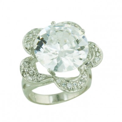 Sterling Silver Ring W=16mm Round Clear Cubic Zirconia with Clear Cubic Zirconia Flower