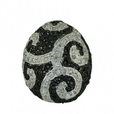Sterling Silver Ring Black Cubic Zirconia Oval Dome with Pave Cubic Zirconia Scroll