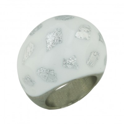 Sterling Silver Ring Rhodium Plating Plate+White Enamel Dome+Silver Confetti