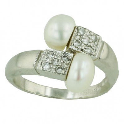 Sterling Silver Ring Oppositive 7.5mm White Fresh Water Pearl with Clear Cubic Zirconia