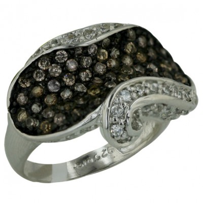 Sterling Silver Ring Up+Down Co Concave with Scroll Pave Cubic Zirconia One S