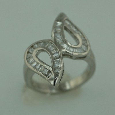 Sterling Silver Ring Oppositive Clear Cubic Zirconia Baguette Open Tear Drop
