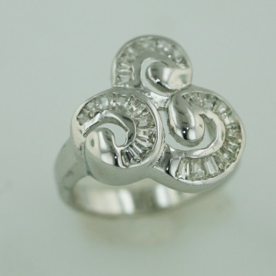 Sterling Silver Ring Clear Cubic Zirconia Baguette Triple Swirl
