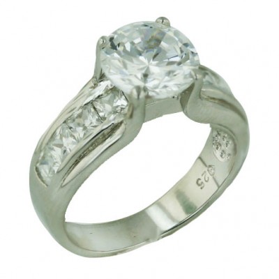 Sterling Silver Ring 9mm Round Clear Cubic Zirconia Ctr+Princess Cut Clear Cubic Zirconia C
