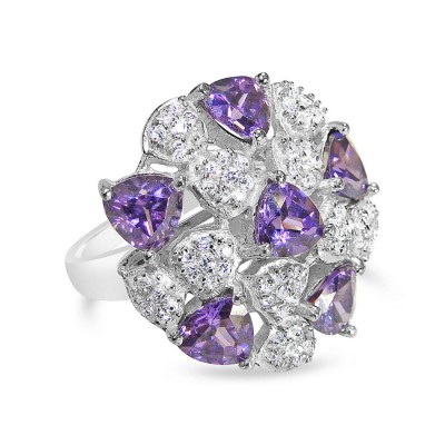 Sterling Silver Ring Amethyst Cubic Zirconia+Pave Clear Cubic Zirconia Trillion Dome--E-coated/Nickle Free--
