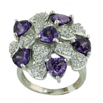 Sterling Silver Ring Amethyst Cubic Zirconia+Pave Clear Cubic Zirconia Trillion Dome--Rhodium Plating/Nickle Free--