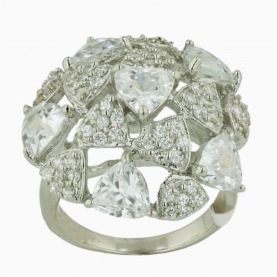 Sterling Silver Ring Clear Cubic Zirconia+Pave Clear Cubic Zirconia Trillion Dome--E-coated/Nickle Free-