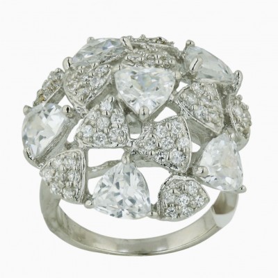 Sterling Silver Ring Clear Cubic Zirconia+Pave Clear Cubic Zirconia Trillion Dome--Rhodium Plating/Nickle Free-