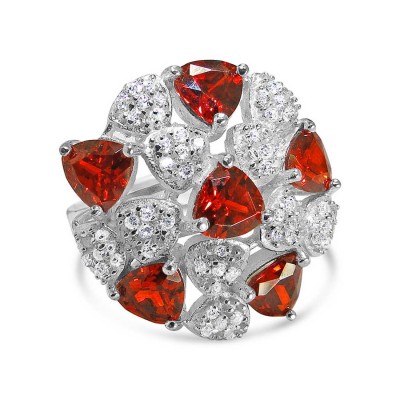 Sterling Silver Ring Garnet Cubic Zirconia+Pave Clear Cubic Zirconia Trillion Dome--E-coated/Nickle Free--