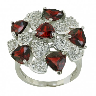 Sterling Silver Ring Garnet Cubic Zirconia+Pave Clear Cubic Zirconia Trillion Dome--Rhodium Plating/Nickle Free--