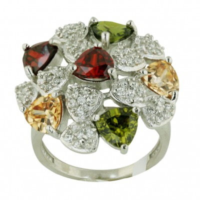 Sterling Silver Ring Garnet +Champagne+Olivine Cubic Zirconia+Pave Clear Cubic Zirconia Trillion Dome--E-coated