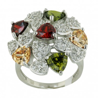 Sterling Silver Ring Garnet +Champagne+Olivine Cubic Zirconia+Pave Clear Cubic Zirconia Trillion Dome--Rhodium Plating