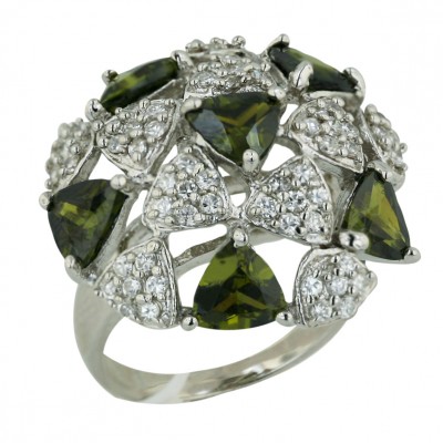 Sterling Silver Ring Olivine Cubic Zirconia+Pave Clear Cubic Zirconia Trillion Dome--Rhodium Plating/Nickle Free--