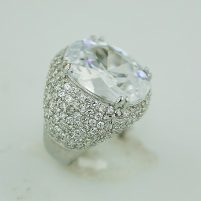 Sterling Silver Ring 20X17 mm Oval Clear Cubic Zirconia _ Pave Cubic Zirconia Around